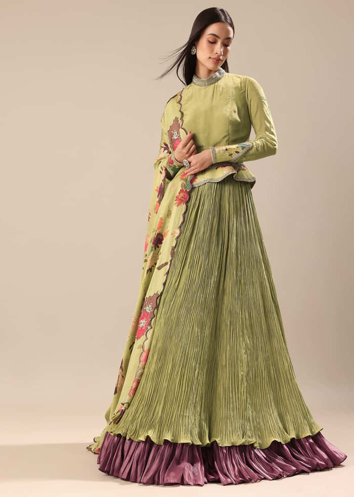 Bamboo Green Embroidered Anarkali Suit With Printed Dupatta