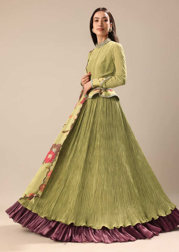 Bamboo Green Embroidered Anarkali Suit With Printed Dupatta