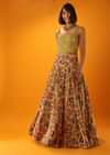 Bamboo Yellow Anarkali Dress In Silk With Floral Print And Moti Accented Bodice