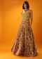 Bamboo Yellow Anarkali Dress In Silk With Floral Print And Moti Accented Bodice