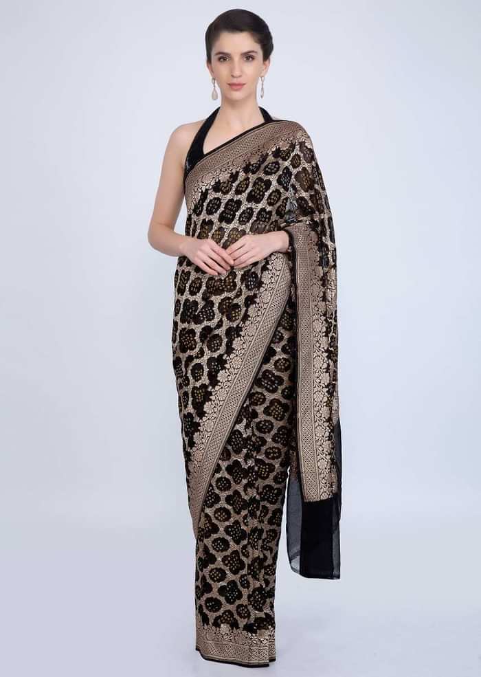 Bandhani printed black saree featured in moroccan motif only on kalki