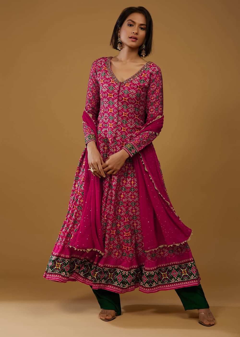 Magenta Pink Anarkali Suit With Bandhani Print And Embroidery