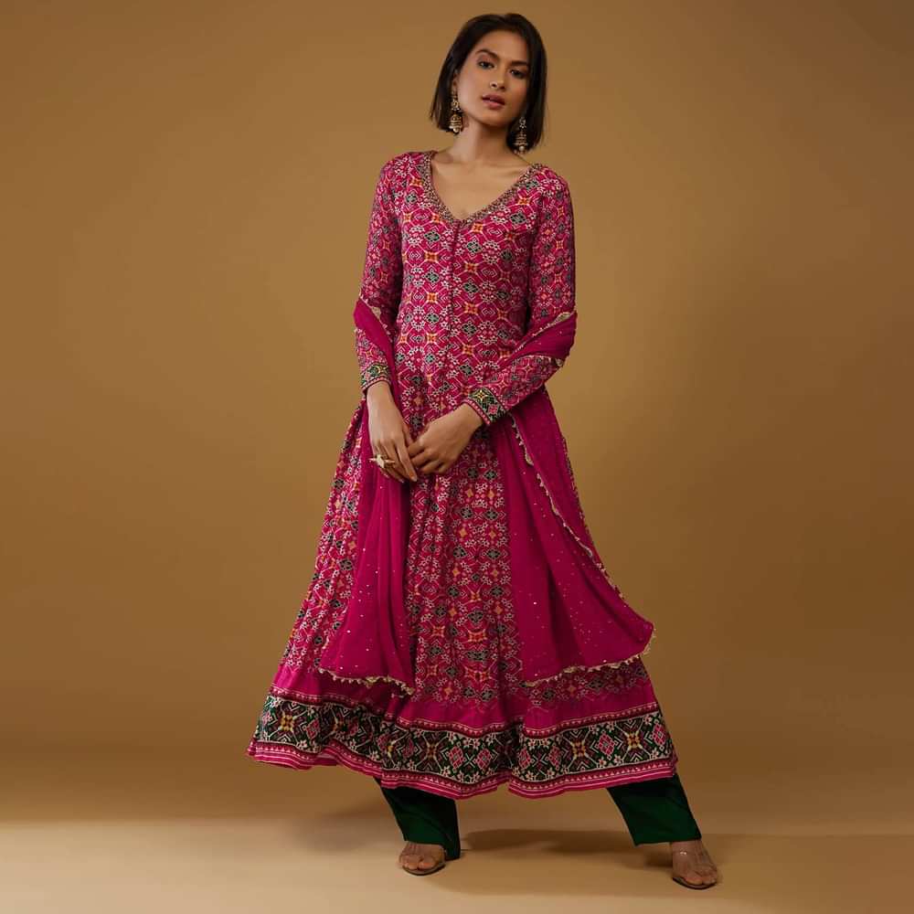 Magenta Pink Anarkali Suit With Bandhani Print And Embroidery