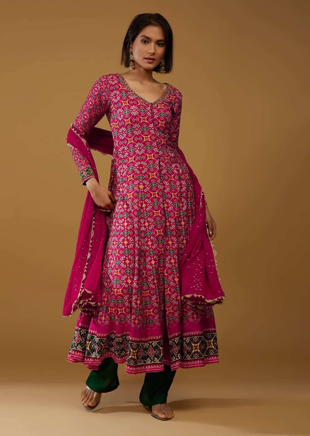 Magenta Pink Anarkali Suit With Bandhani Print And Embroidery
