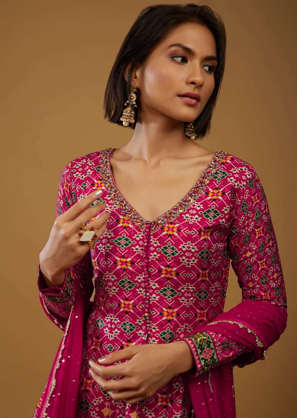 Magenta Pink Anarkali Suit With Bandhani Print And Embroidery