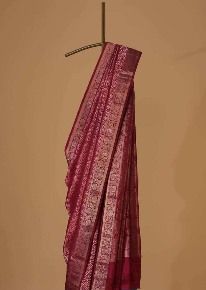 Magenta Pink Kanjivaram Saree In Pure Uppada Silk With Zari Weave And Unstitched Blouse