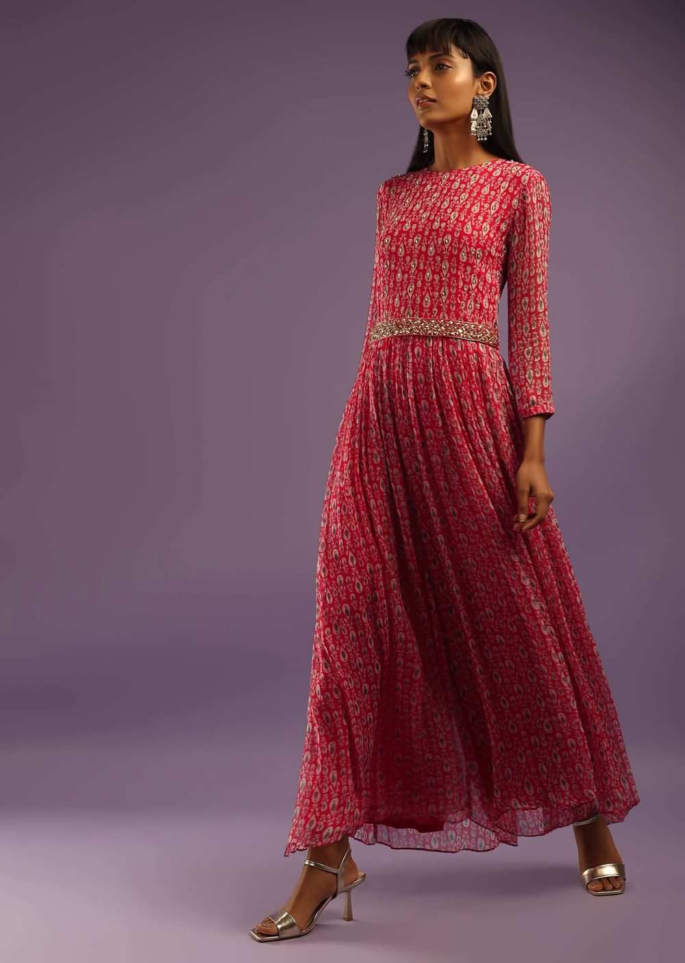 Barberry Red Jumpsuit In Georgette With All Over Print And Zari Highlights On The Bodice