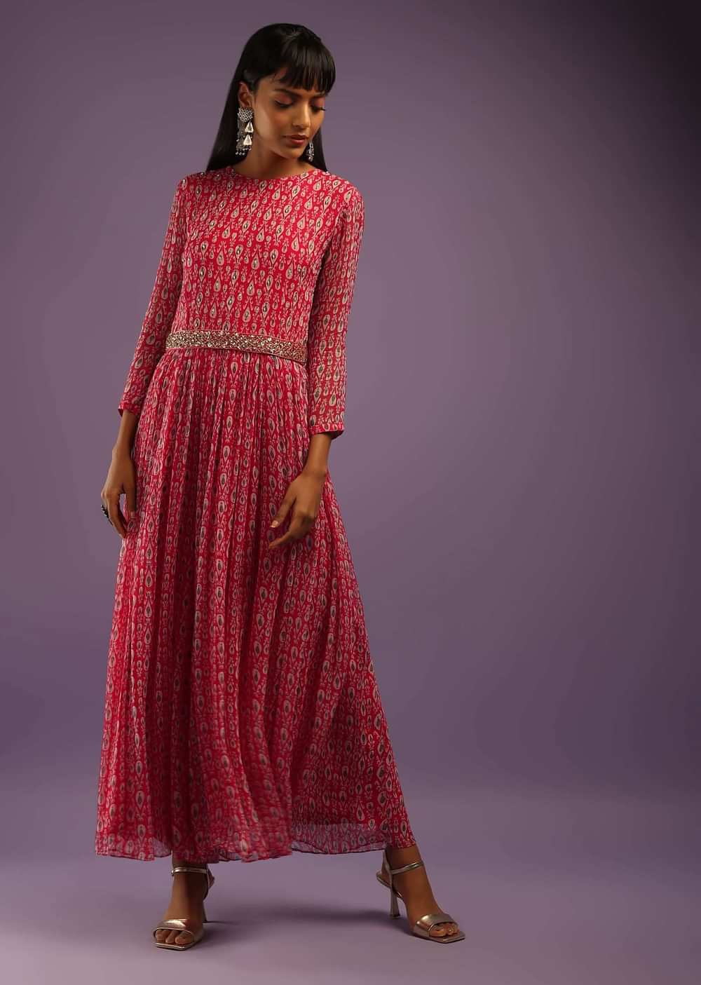 Barberry Red Jumpsuit In Georgette With All Over Print And Zari Highlights On The Bodice