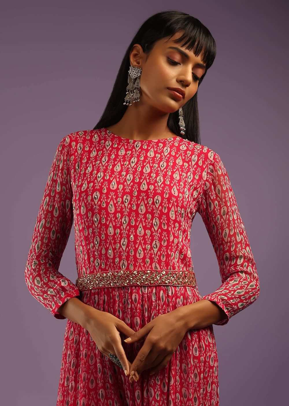Barberry Red Jumpsuit In Georgette With All Over Print And Zari Highlights On The Bodice