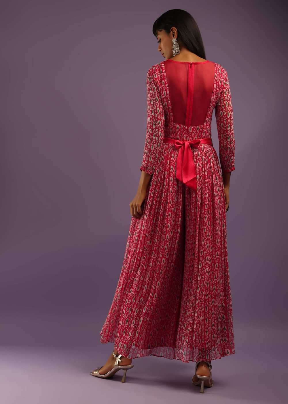 Barberry Red Jumpsuit In Georgette With All Over Print And Zari Highlights On The Bodice