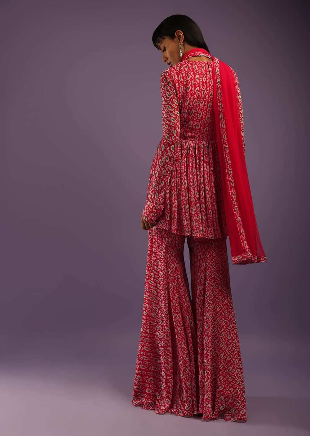Barberry Red Sharara Suit In Georgette With All Over Print And Churidar Sleeves