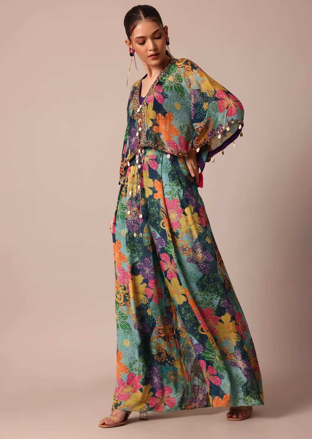 Beautiful Purple Floral Printed Indowestern Crop Top Set