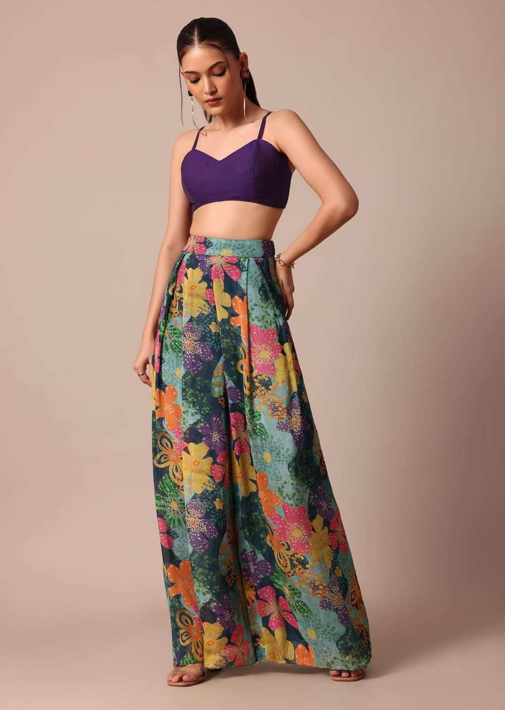 Beautiful Purple Floral Printed Indowestern Crop Top Set