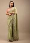 Beechnut Green Tissue Saree In Zardozi Embroidery Buttis, It Comes In An Embroidery Border In Multi-Color French Knots Detailing