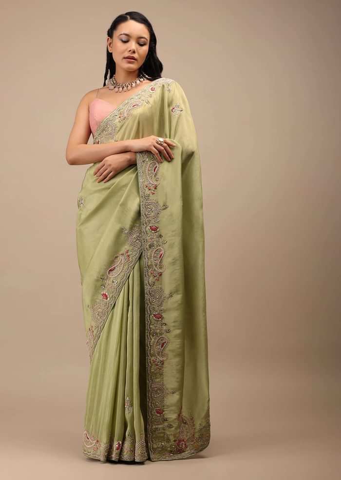 Beechnut Green Tissue Saree In Zardozi Embroidery Buttis, It Comes In An Embroidery Border In Multi-Color French Knots Detailing