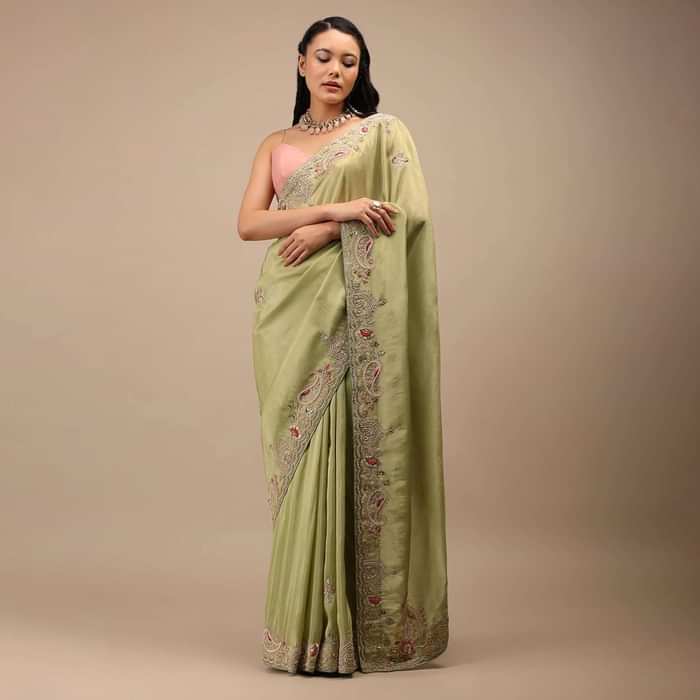 Beechnut Green Tissue Saree In Zardozi Embroidery Buttis, It Comes In An Embroidery Border In Multi-Color French Knots Detailing