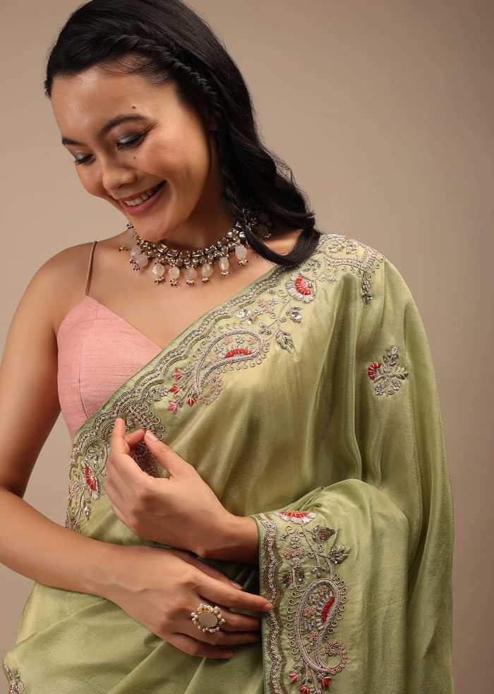 Beechnut Green Tissue Saree In Zardozi Embroidery Buttis, It Comes In An Embroidery Border In Multi-Color French Knots Detailing