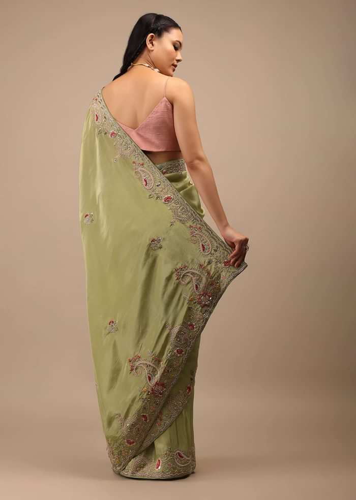 Beechnut Green Tissue Saree In Zardozi Embroidery Buttis, It Comes In An Embroidery Border In Multi-Color French Knots Detailing