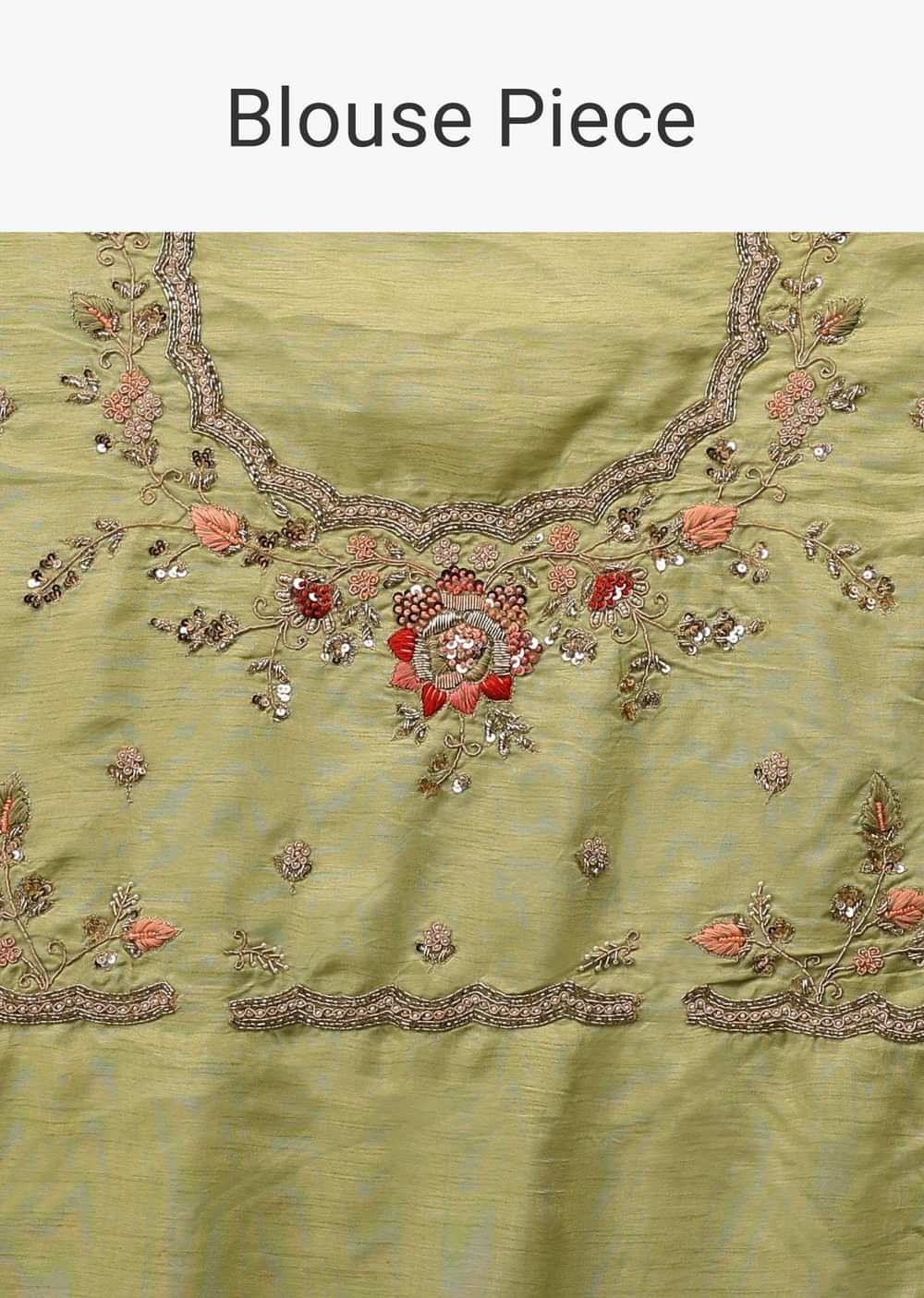 Beechnut Green Tissue Saree In Zardozi Embroidery Buttis, It Comes In An Embroidery Border In Multi-Color French Knots Detailing