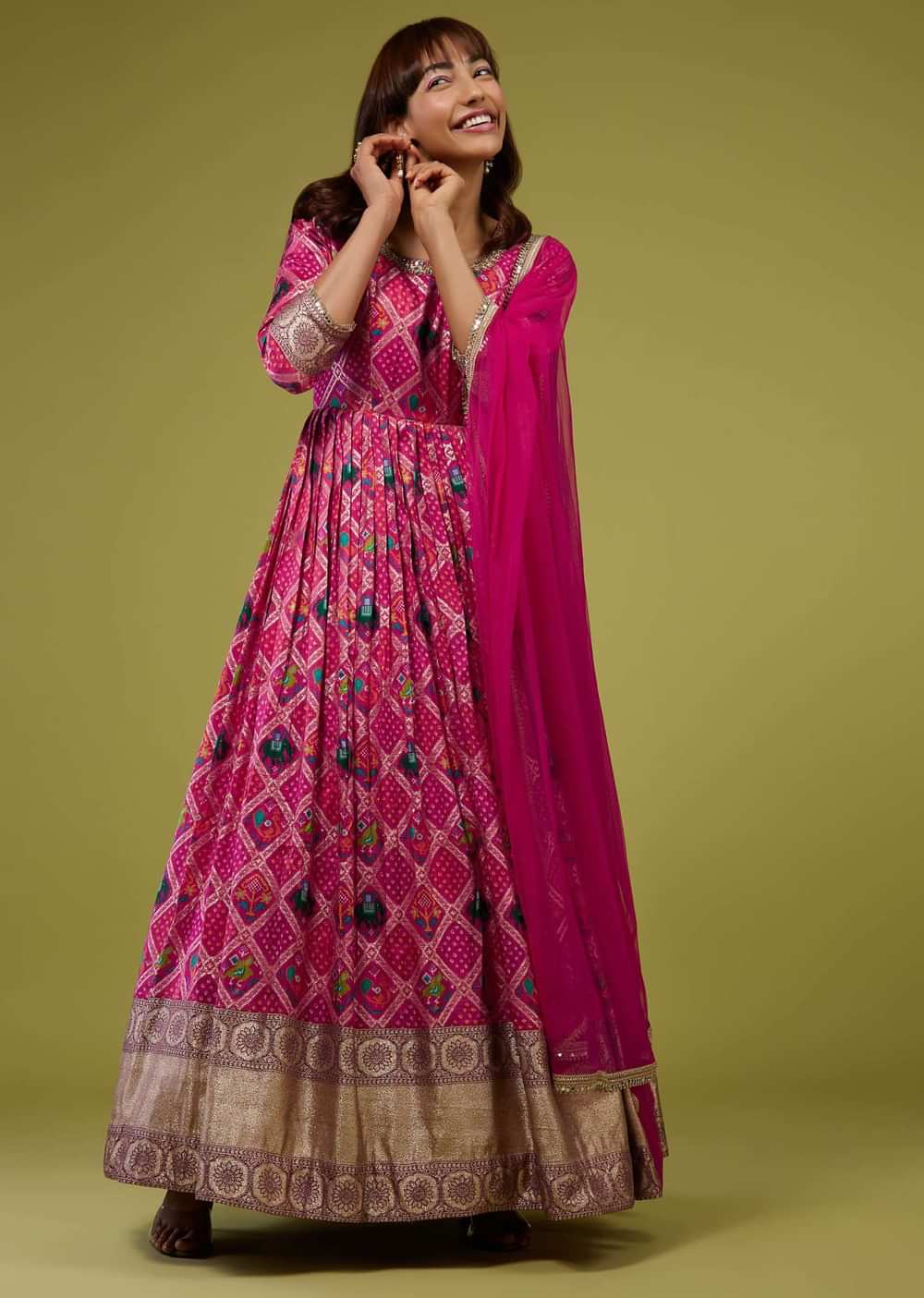 Hot Pink Silk Anarkali Suit With Banarasi Zari Border