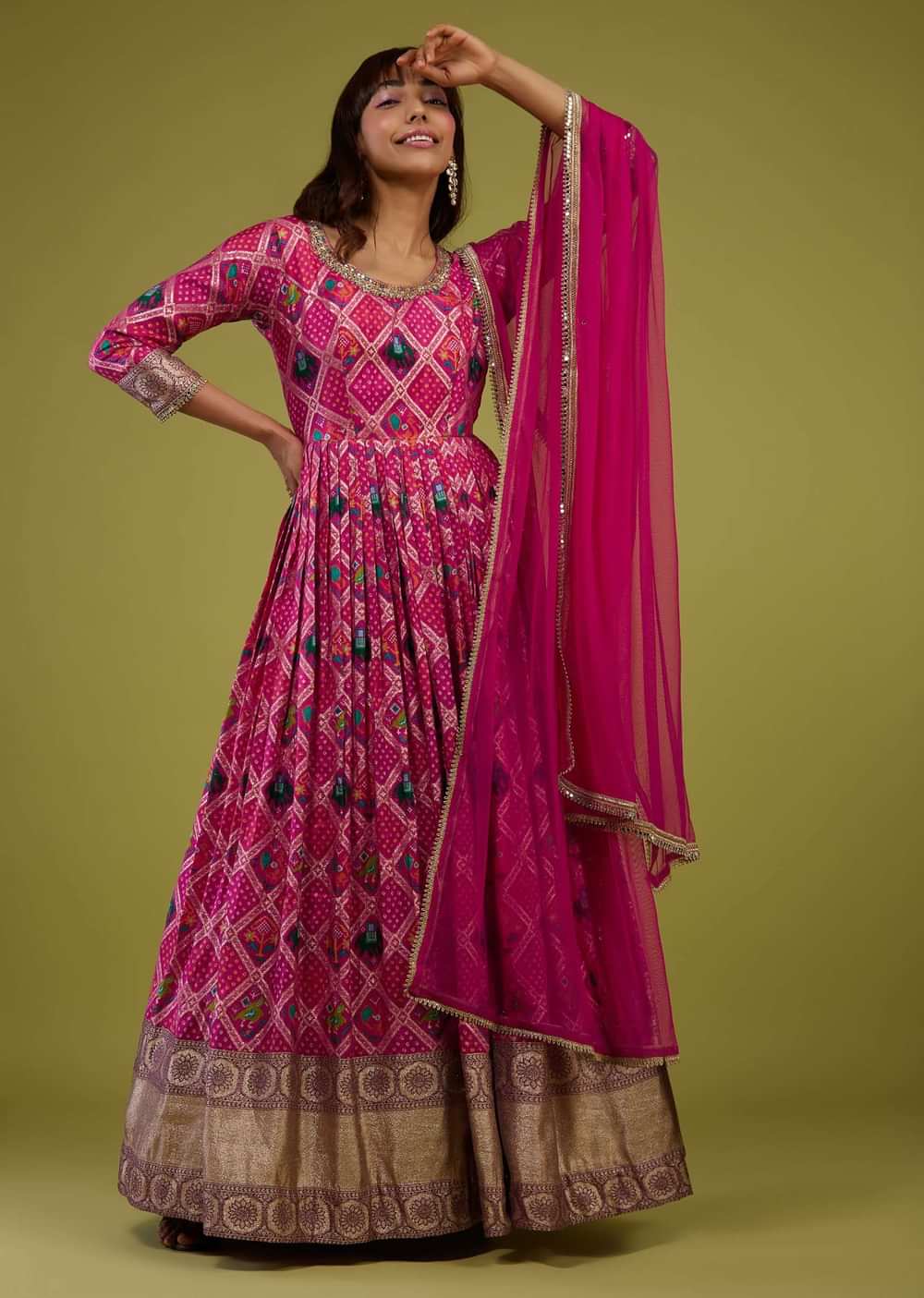 Hot Pink Silk Anarkali Suit With Banarasi Zari Border