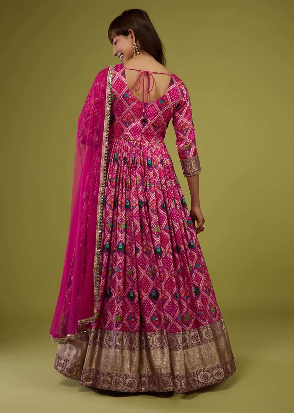 Hot Pink Silk Anarkali Suit With Banarasi Zari Border