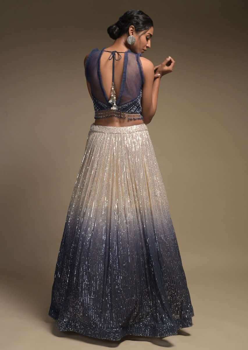 Beige And Grey Shaded Skirt In Net With Sequins Work And Embellished Sleeveless Crop Top