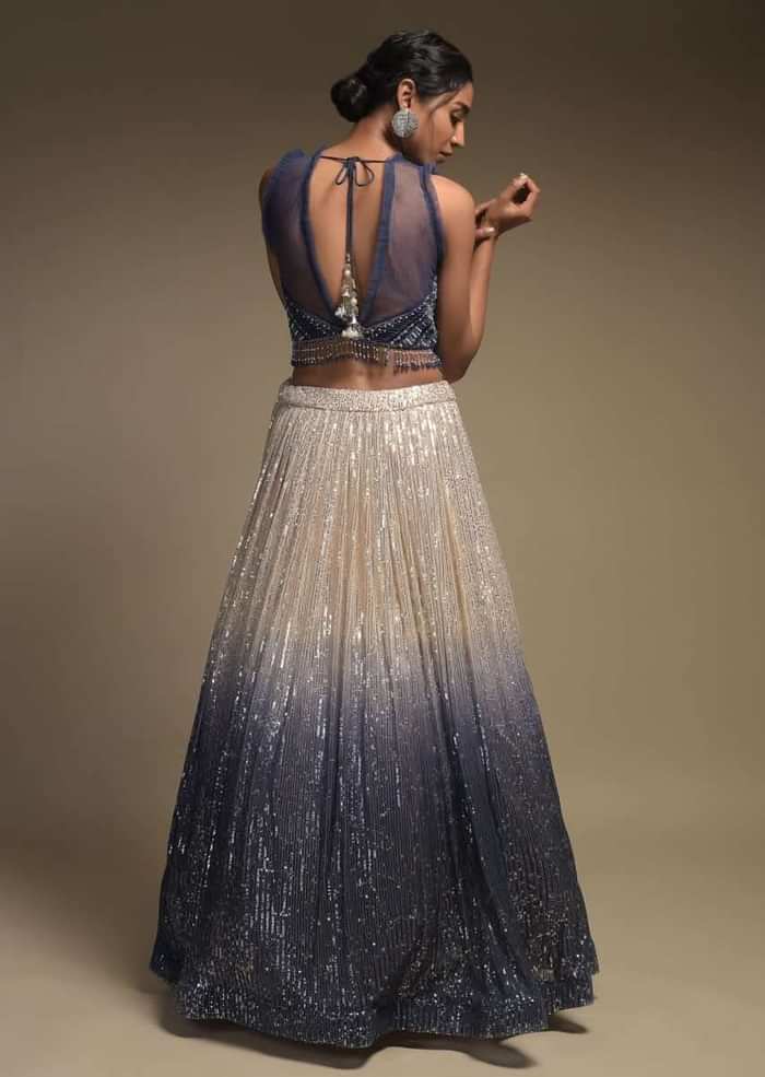 Beige And Grey Shaded Skirt In Net With Sequins Work And Embellished Sleeveless Crop Top