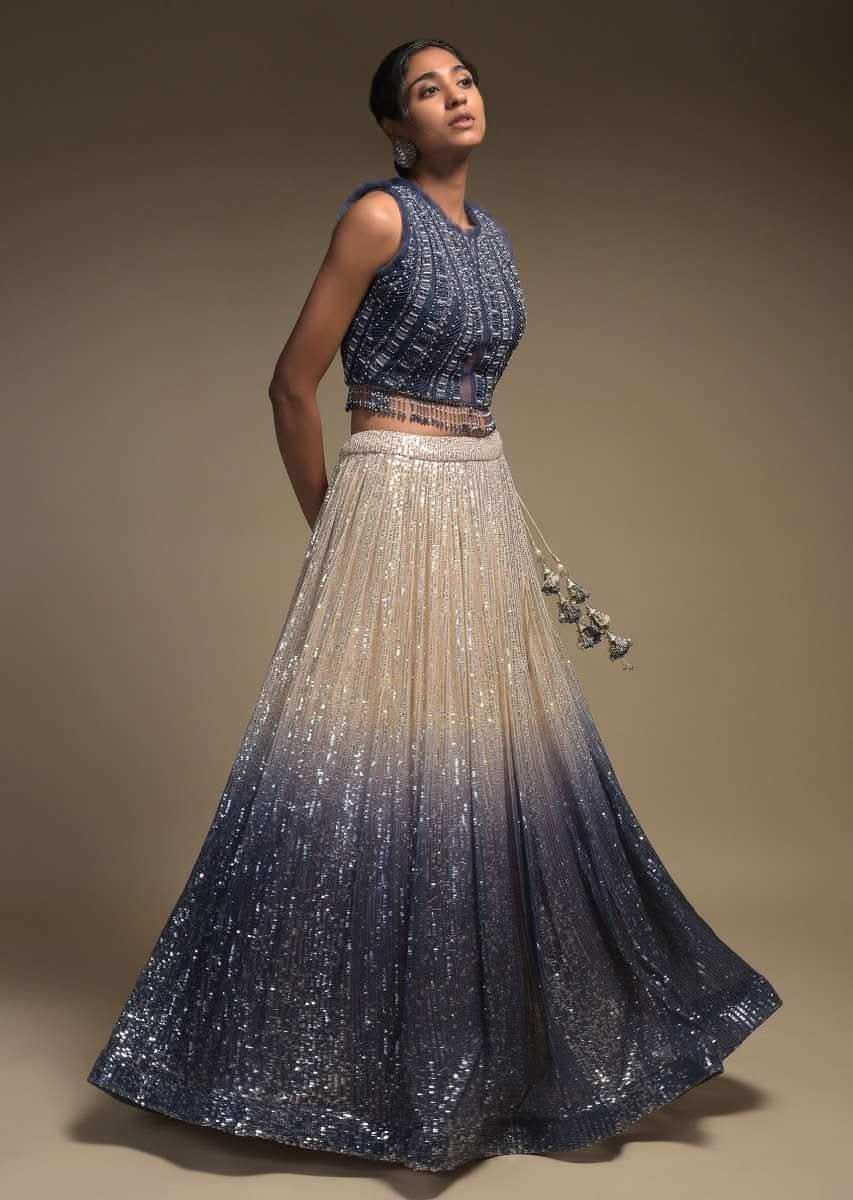 Beige And Grey Shaded Skirt In Net With Sequins Work And Embellished Sleeveless Crop Top