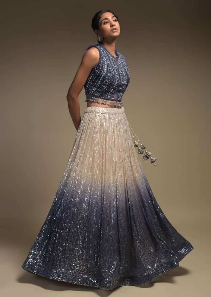 Beige And Grey Shaded Skirt In Net With Sequins Work And Embellished Sleeveless Crop Top