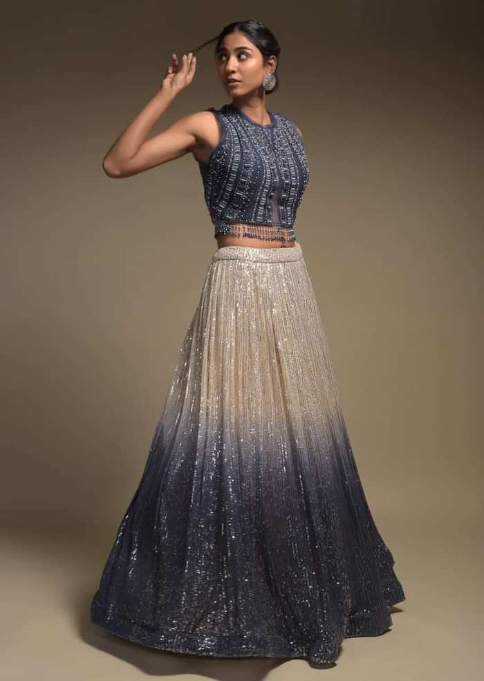 Beige And Grey Shaded Skirt In Net With Sequins Work And Embellished Sleeveless Crop Top