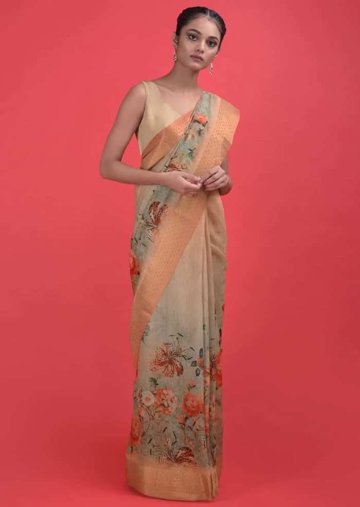 Beige And Green Ombre Saree In Cotton Silk With Printed Floral Pattern And Kundan Work Online - Kalki Fashion
