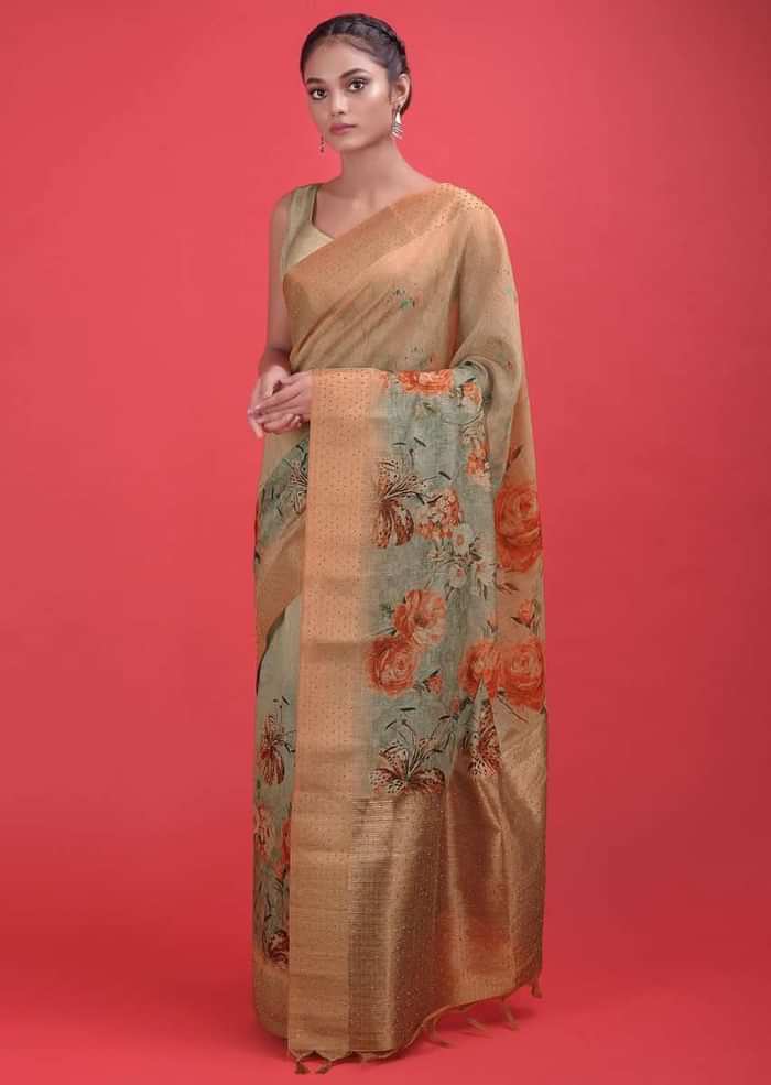 Beige And Green Ombre Saree In Cotton Silk With Printed Floral Pattern And Kundan Work Online - Kalki Fashion