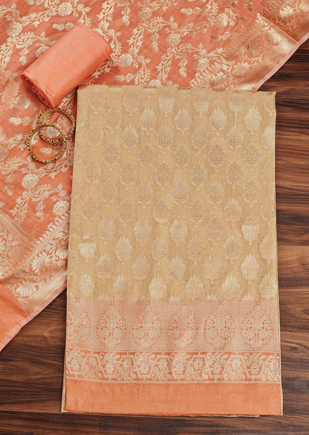 Beige And Peach Banarasi Silk Unstitched Suit Set With Woven Detailing