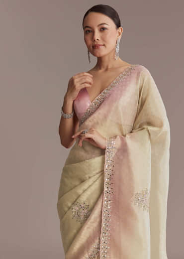 Beige And Pink Ombre Jacquard Embroidered Saree With Mirror Work