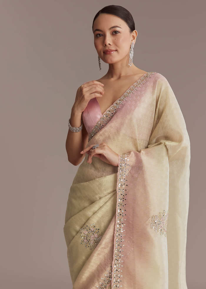 Beige And Pink Ombre Jacquard Embroidered Saree With Mirror Work