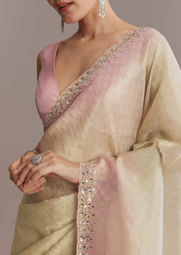 Beige And Pink Ombre Jacquard Embroidered Saree With Mirror Work