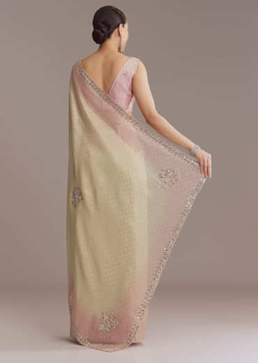 Beige And Pink Ombre Jacquard Embroidered Saree With Mirror Work