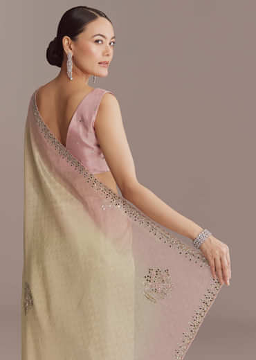 Beige And Pink Ombre Jacquard Embroidered Saree With Mirror Work