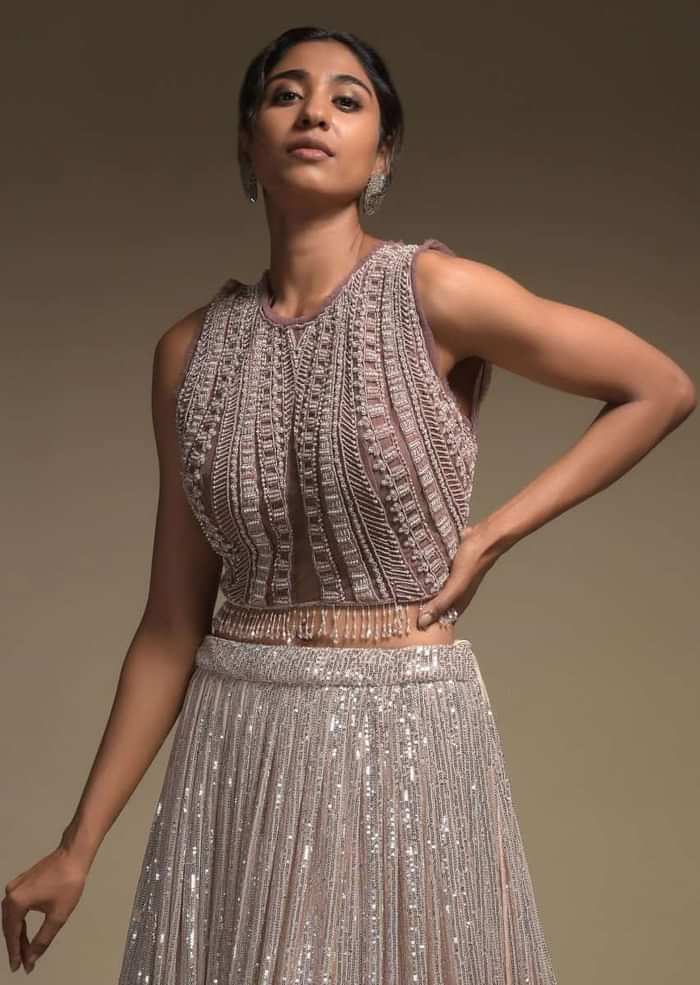 Beige And Taupe Shaded Skirt In Net With Sequins Work And Embellished Sleeveless Crop Top