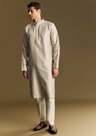 Beige Banarasi Jacquard Kurta Set With Intricate Cutwork