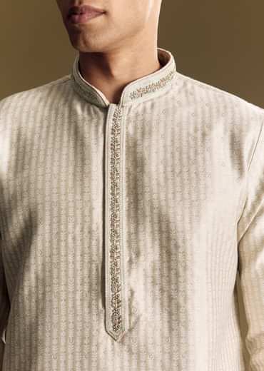 Beige Banarasi Jacquard Kurta Set With Intricate Cutwork