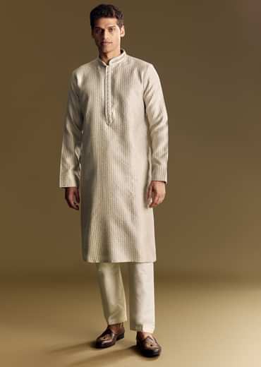 Beige Banarasi Jacquard Kurta Set With Intricate Cutwork
