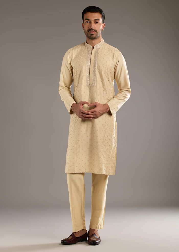 Beige Banarasi Silk Kurta Set For Men With Pure Hand Embroidery