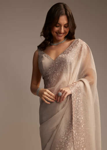 Beige Chiffon Embellished Saree with Resham Cutwork