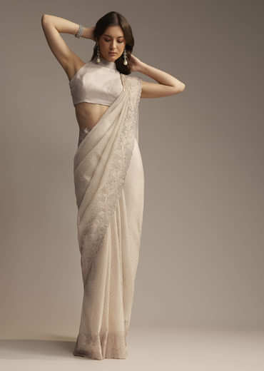 Beige Chiffon Saree with Resham Floral Cutwork