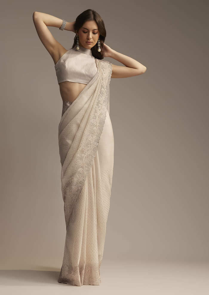 Beige Chiffon Saree with Resham Floral Cutwork