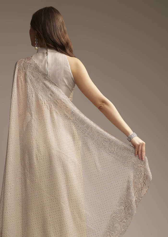 Beige Chiffon Saree with Resham Floral Cutwork