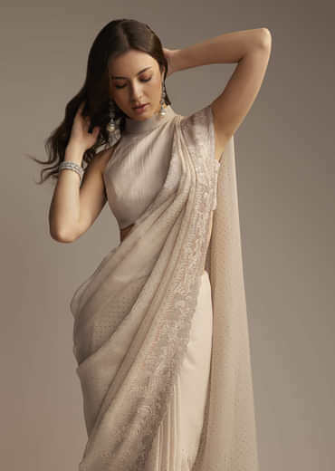 Beige Chiffon Saree with Resham Floral Cutwork