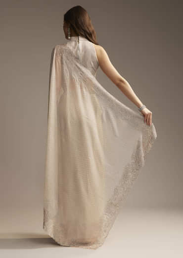 Beige Chiffon Saree with Resham Floral Cutwork